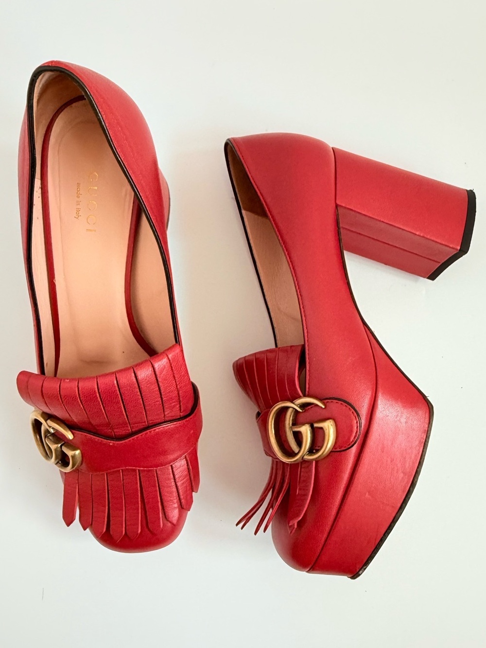 Gucci GG Marmont Fringe Platform Loafer Pumps Hibiscus Red Block Heels EU 37